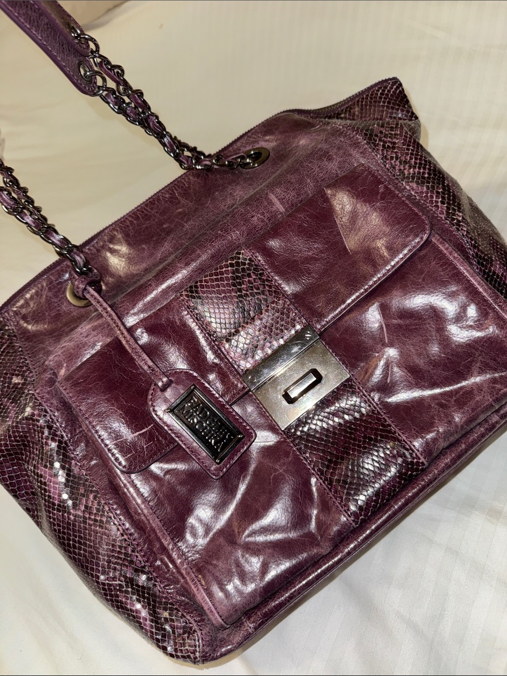 Badgley Mischka Deep Plum Leather Tote with Chain Straps